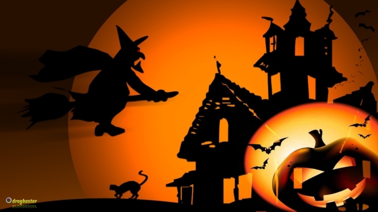paesaggio di halloween con strega, gatto, zucca per copertina