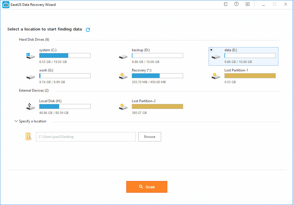 La schermata di apertura di EaseUS Data Recovery elenca tutte le unità scansionabili: basta selezionare un'unità e fare clic su Scansione.
