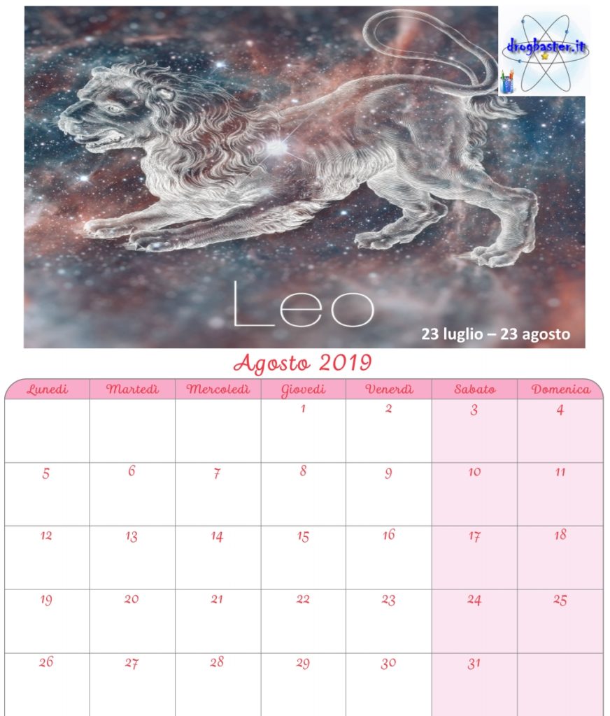 calendario mensile agosto 2019 con segni zodiacali