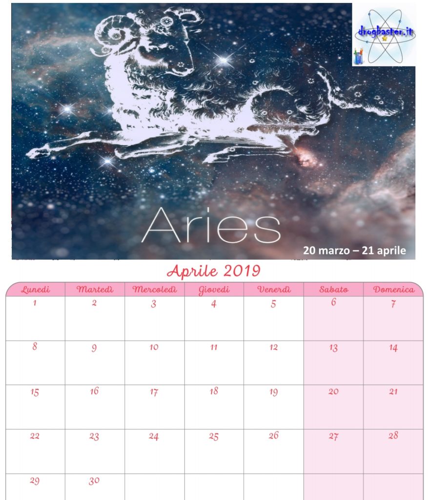 calendario mensile aprile 2019 con segni zodiacali
