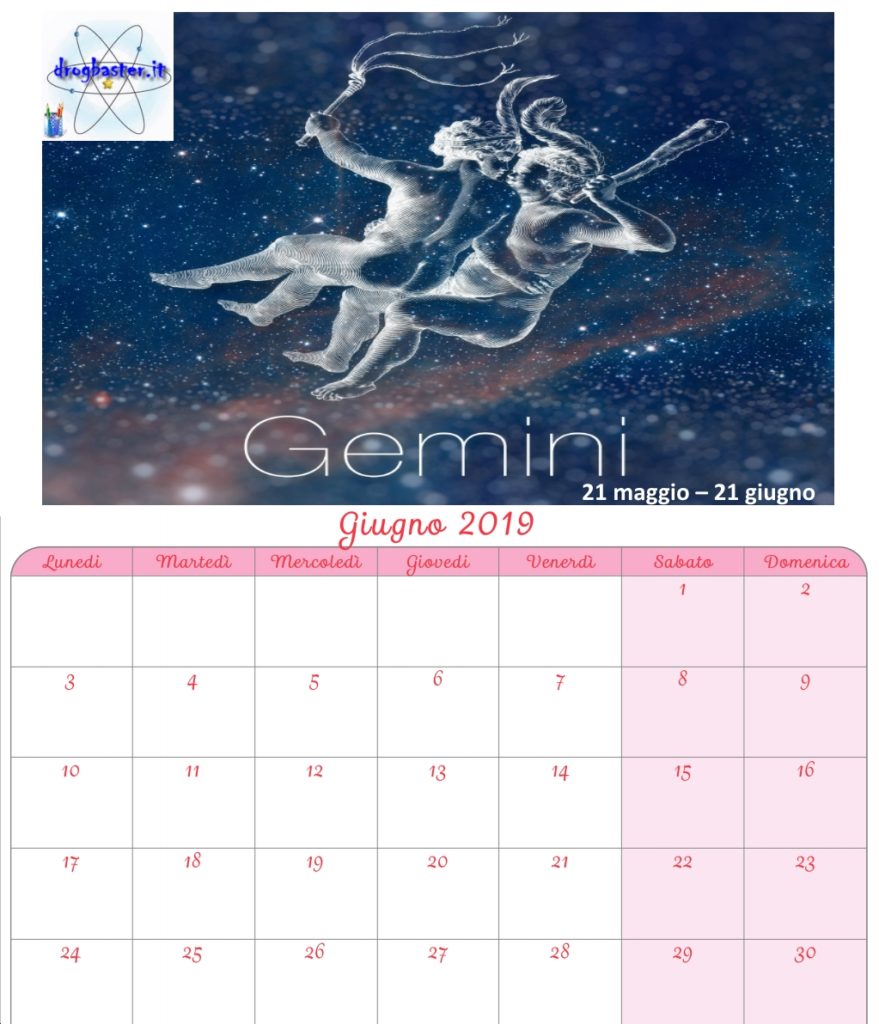 calendario mensile giugno 2019 con segni zodiacali