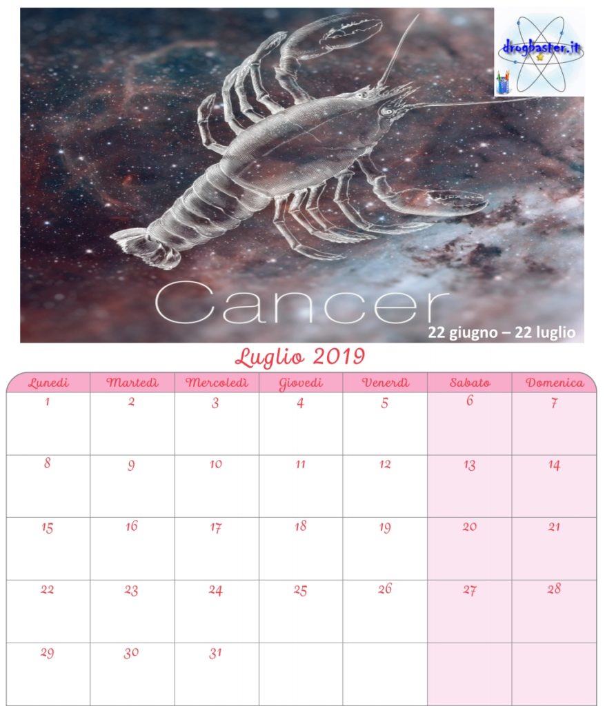 calendario mensile luglio 2019 con segni zodiacali