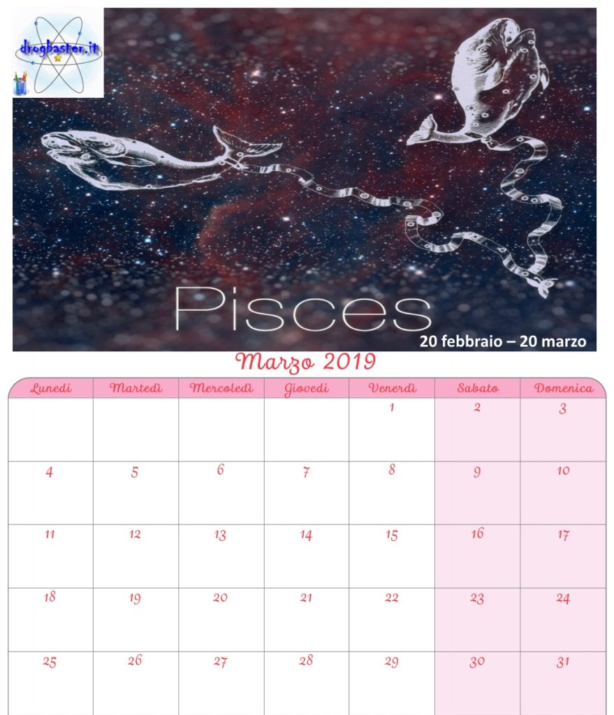 calendario mensile marzo 2019 con segni zodiacali