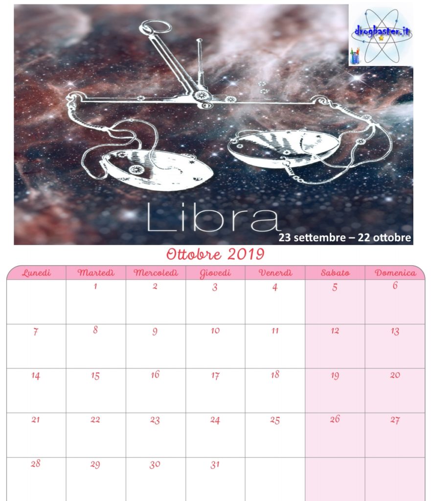 calendario mensile ottobre 2019 con segni zodiacali