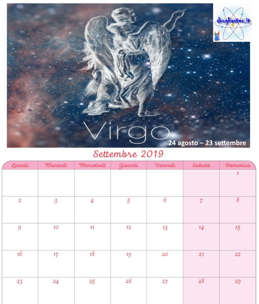 calendario mensile settembre 2019 con segni zodiacali