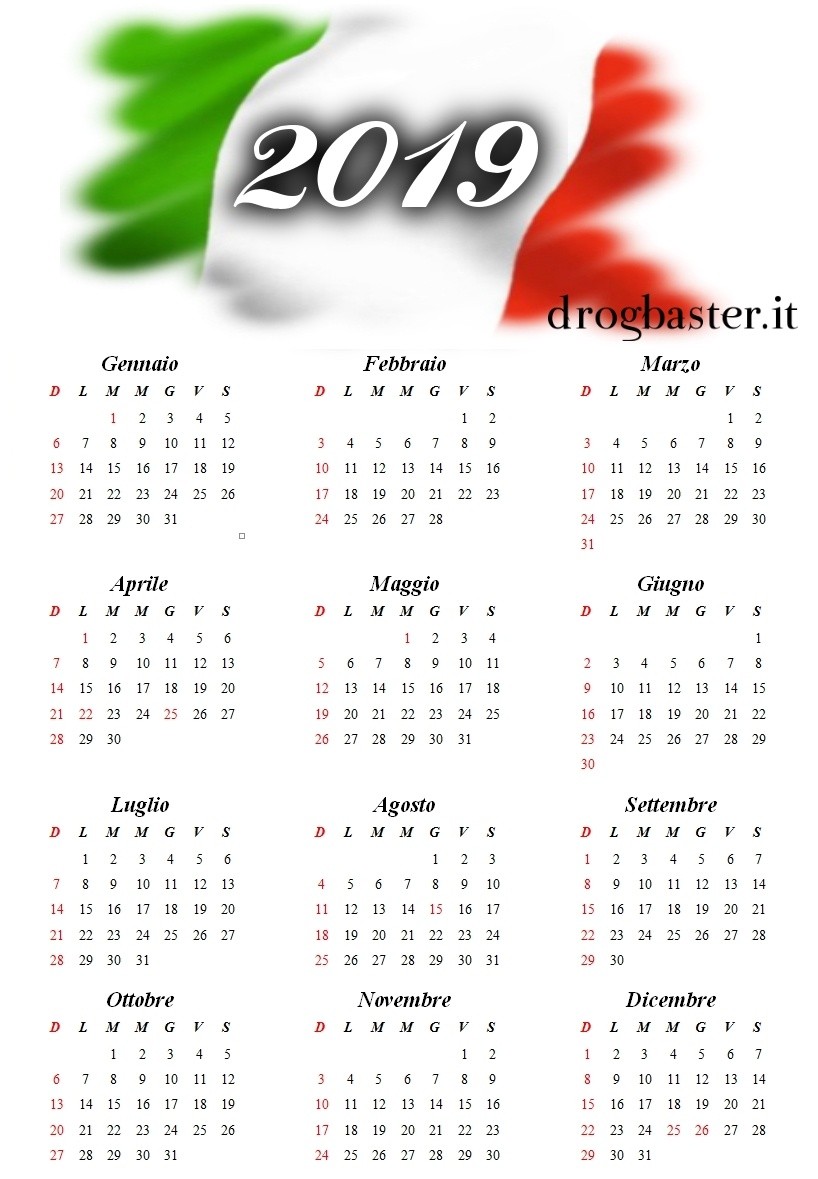 calendario annuale 2019 bandiera italiana