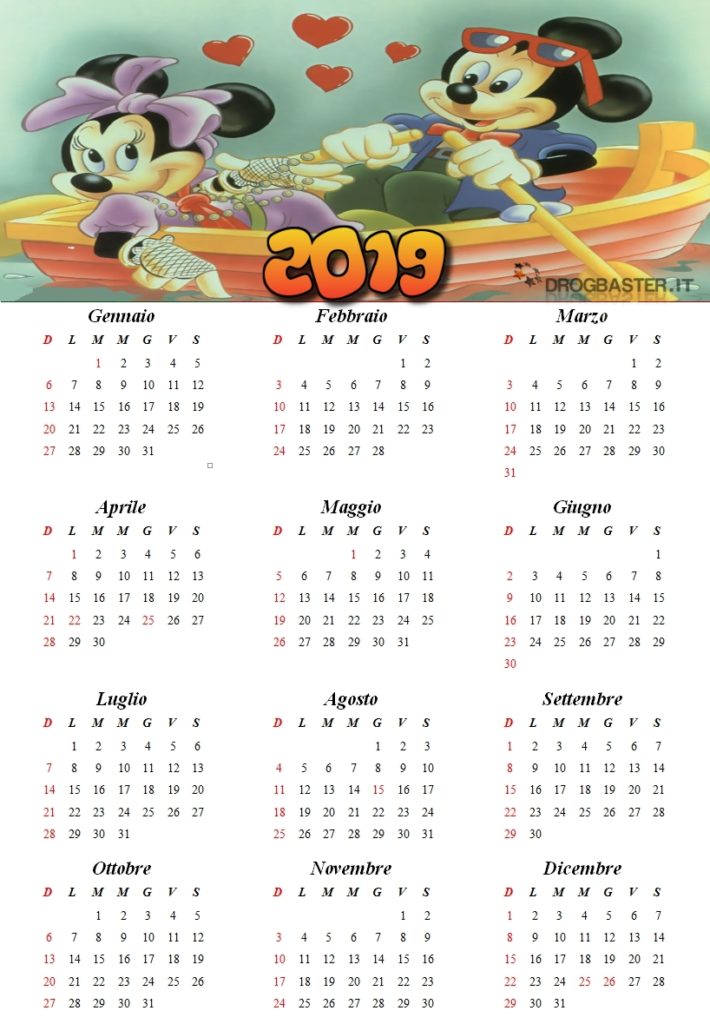 calendario personaggi disney 2019