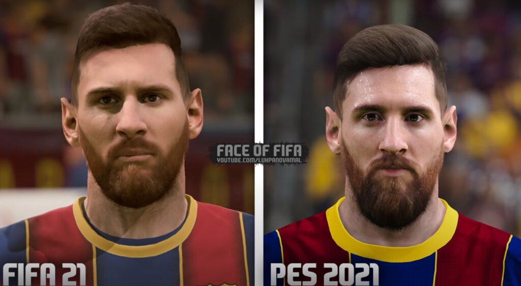 Confronto del viso di Lionel Messi tra FIFA vs eFootball PES
